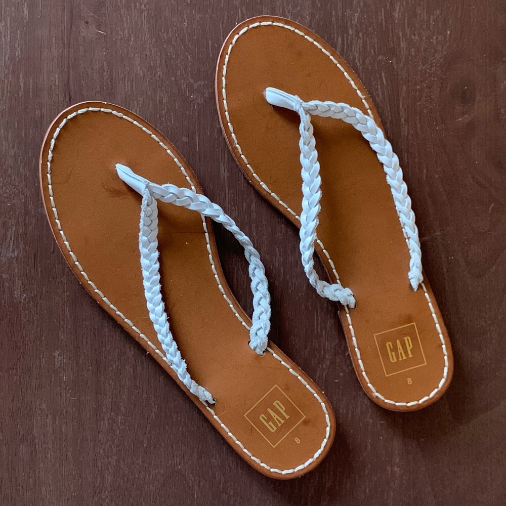GAP Women’s Braided Leather Thong Sandals 8 Brown and White Like New Chanclas - Picture 2 of 8